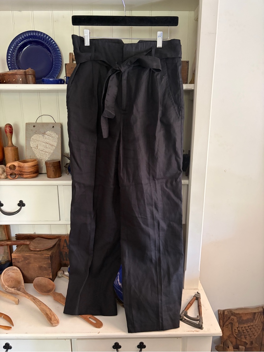 Oui Black Paperbag Waist Women’s Pants with Tie Belt
